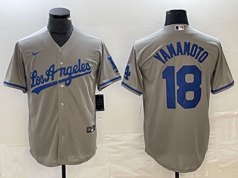Men Los Angeles Dodgers #18 Yamamoto Grey Nike Game MLB Jersey style 1